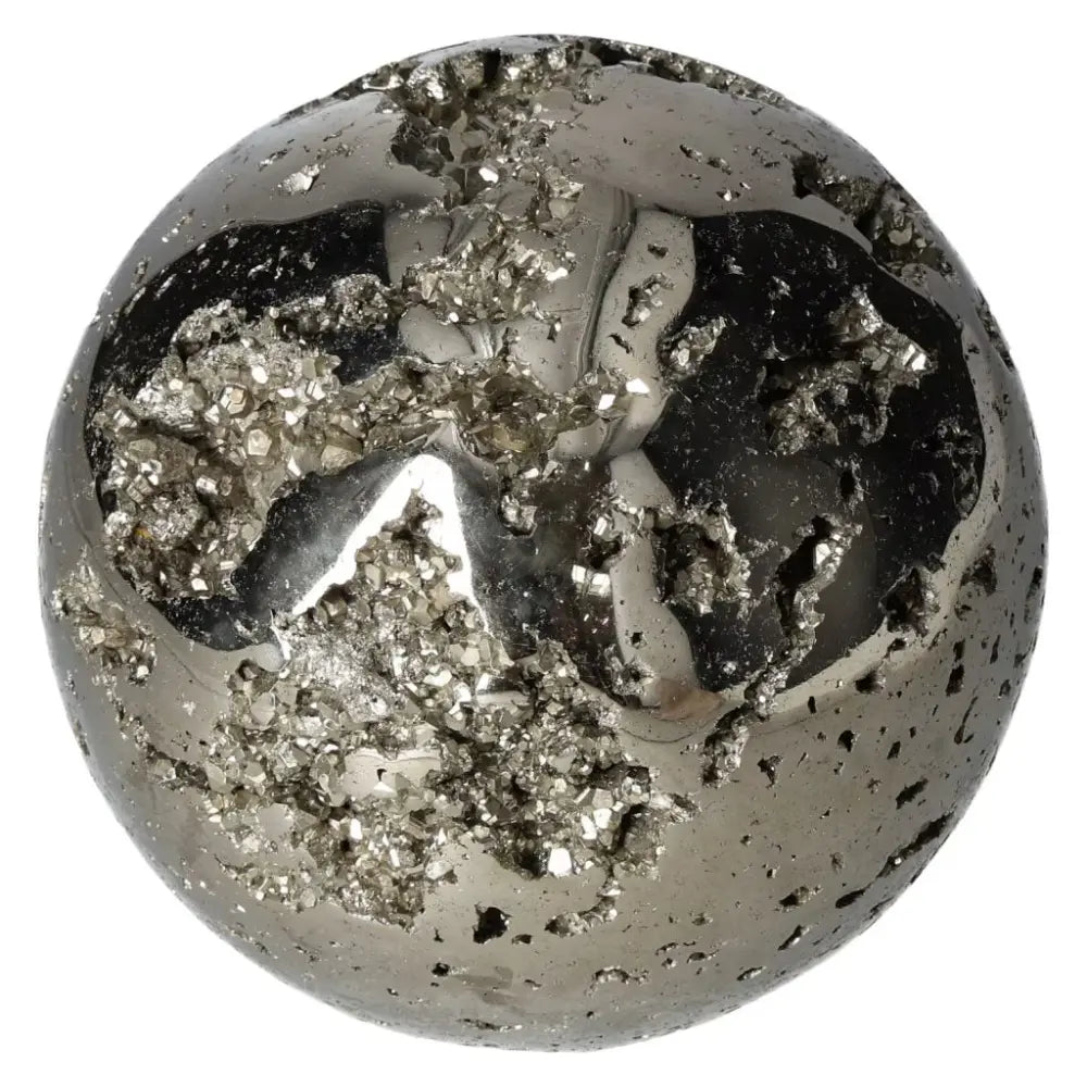 16 cm polished pyrite sphere showcasing golden luster and grounding energy, perfect for enhancing space and spirituality.