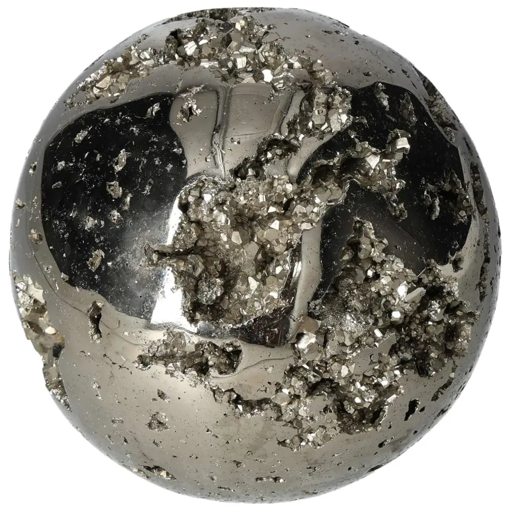 Polished 16 cm pyrite sphere showcasing golden luster and grounding energy, ideal for enhancing space with its magnetic beauty.