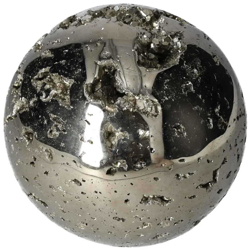 Polished pyrite sphere 16 cm showcasing radiant golden luster and grounding energy, enhancing space with natural beauty.