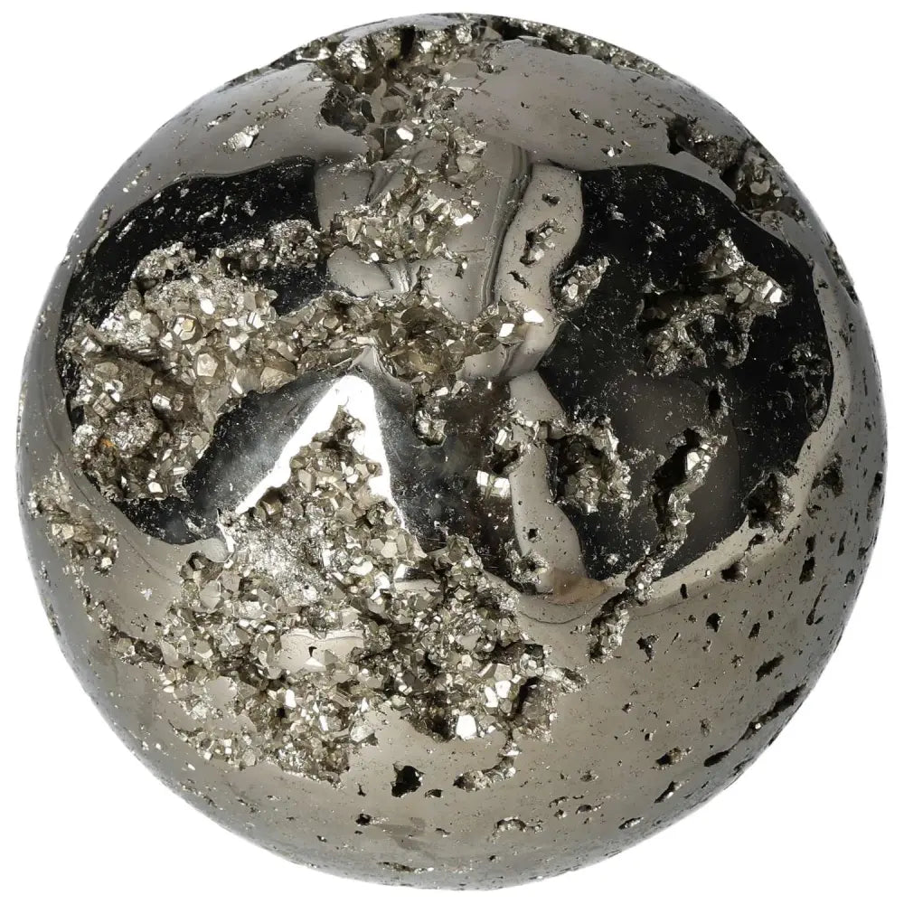 16 cm polished Pyrite sphere showcasing golden luster and grounding energy, ideal for enhancing home decor with radiant elegance.