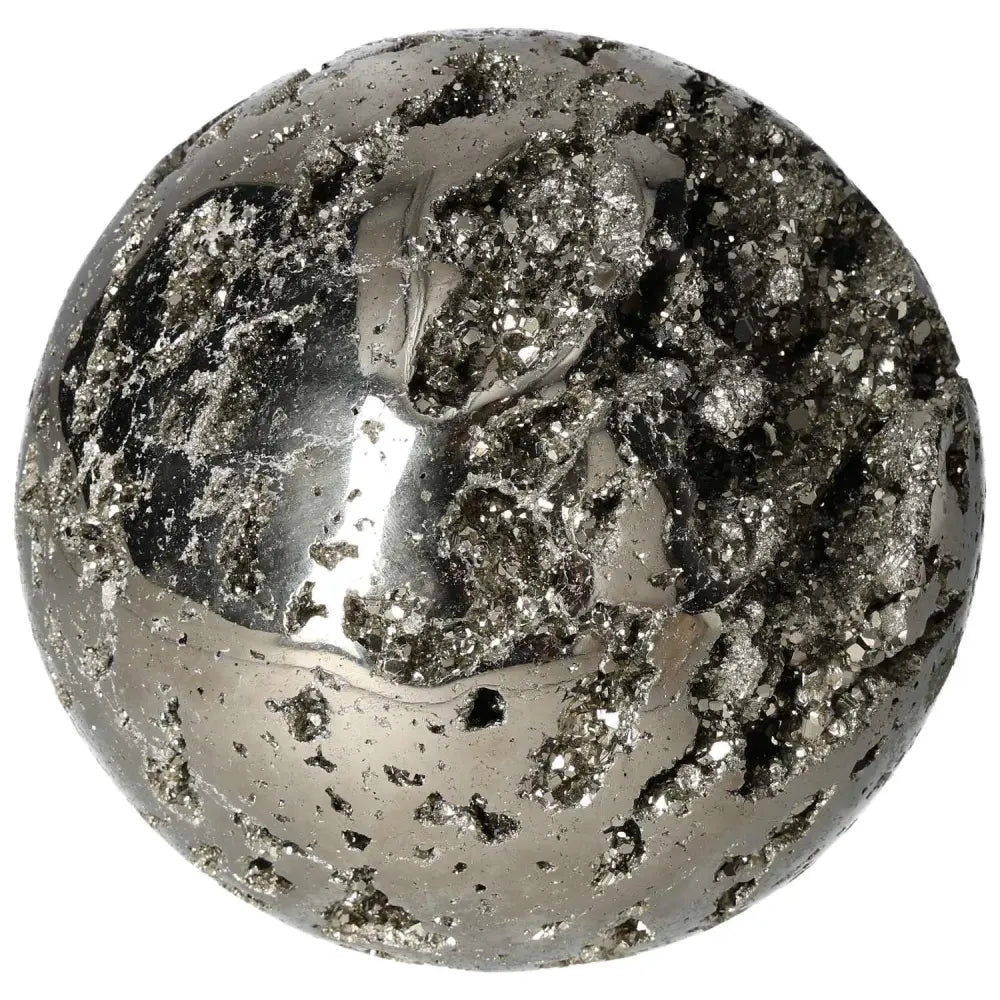 Polished 18 cm pyrite sphere with golden metallic luster, showcasing the mineral's grounding energy and elegant design.