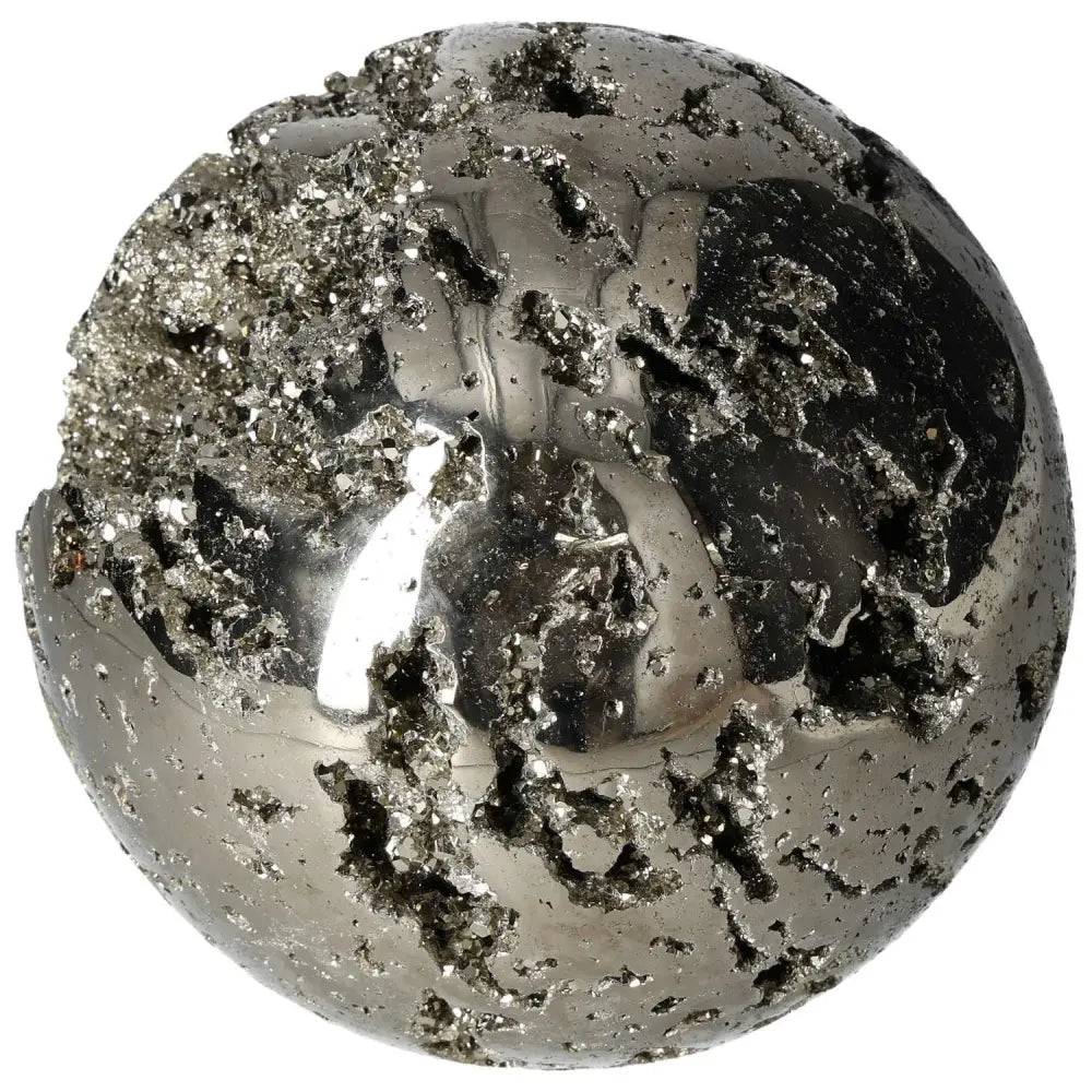 Polished 18 cm Pyrite Sphere showcasing golden luster and grounding energy, ideal for home decor or energy elevation.