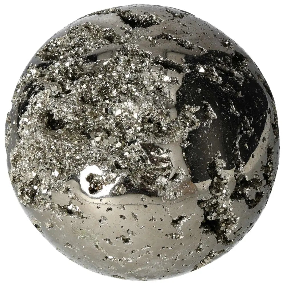 Polished 18 cm pyrite sphere with golden luster, showcasing radiant energy and grounding power for space elevation and design elegance.