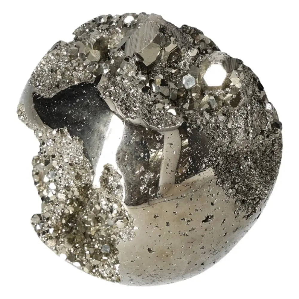 Polished 8 cm pyrite sphere showcasing golden luster and radiant energy, ideal for enhancing space with elegance and grounding power.