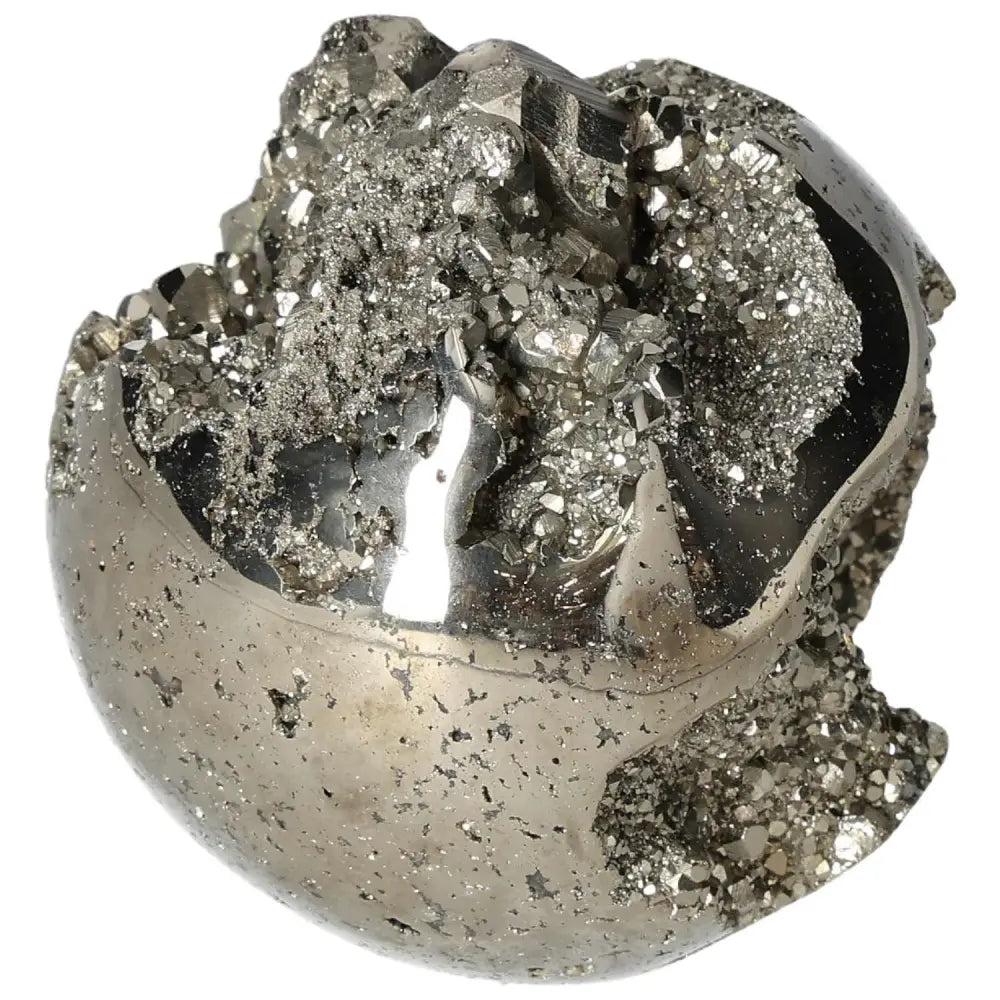 Polished 8 cm pyrite sphere with golden luster, showcasing radiant energy and grounding power in an elegant design.