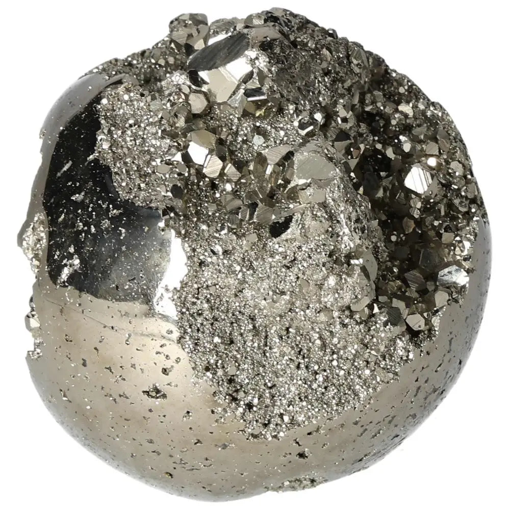 Polished 8 cm pyrite sphere with golden luster, showcasing a blend of radiant energy and grounding power for elevated spaces.