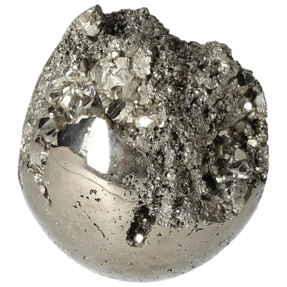 Polished pyrite sphere showcasing natural golden luster, 9 cm size, highlighting grounding energy and radiant design.