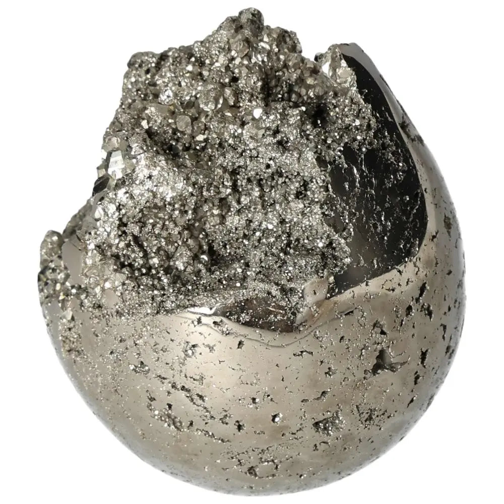 Polished pyrite sphere with natural crystal formations, showcasing golden luster and radiant energy, 9 cm diameter.