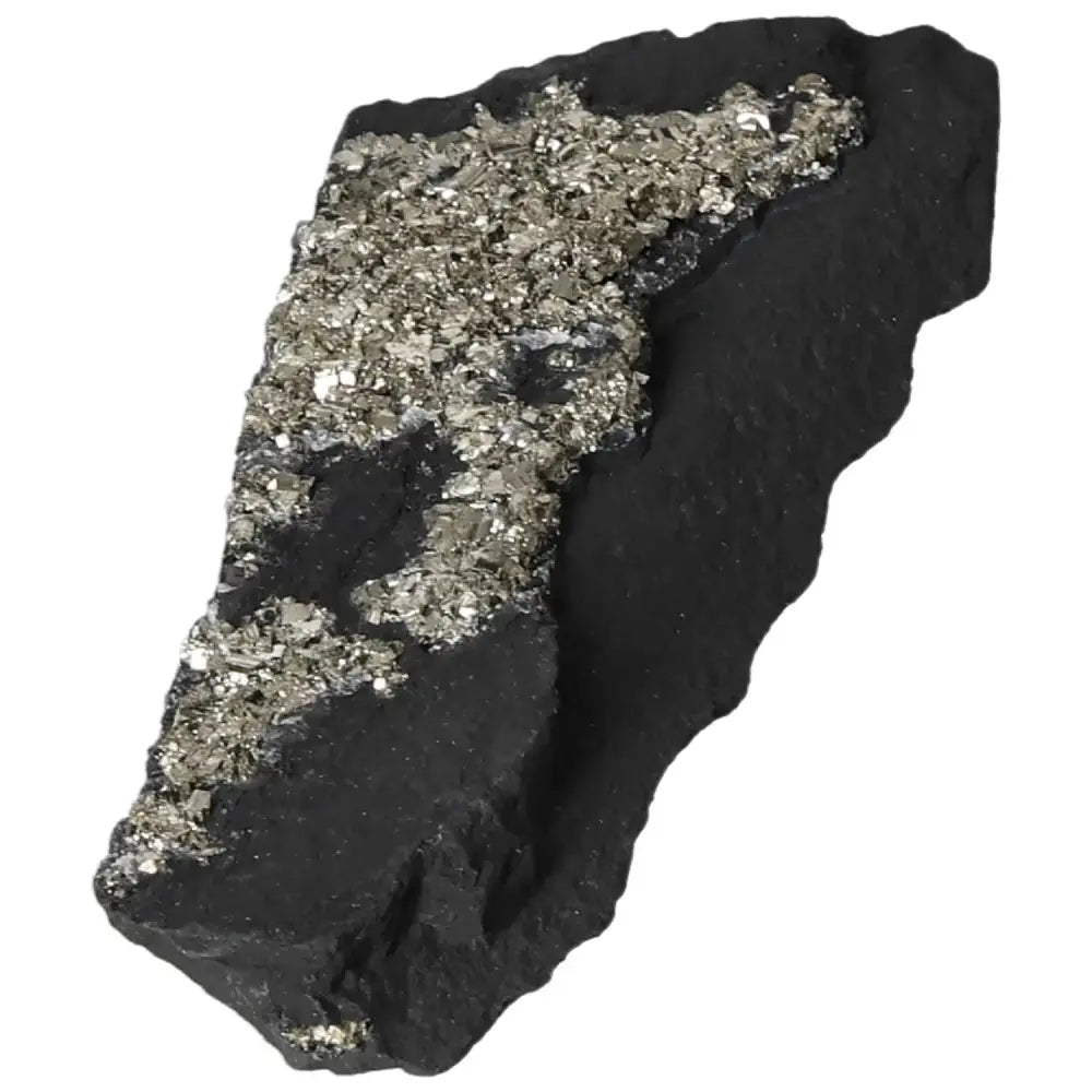 Pyrite With Basalt crystal from Sylvia Crystals, featuring a striking blend of metallic shimmer and dark stone, promoting confidence and independence.