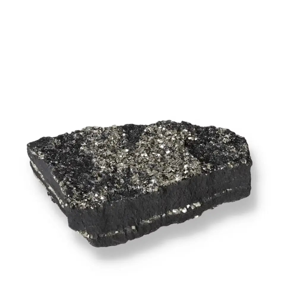 Pyrite With Basalt crystal from Sylvia Crystals, symbolizing luxury and creativity, on a white background.