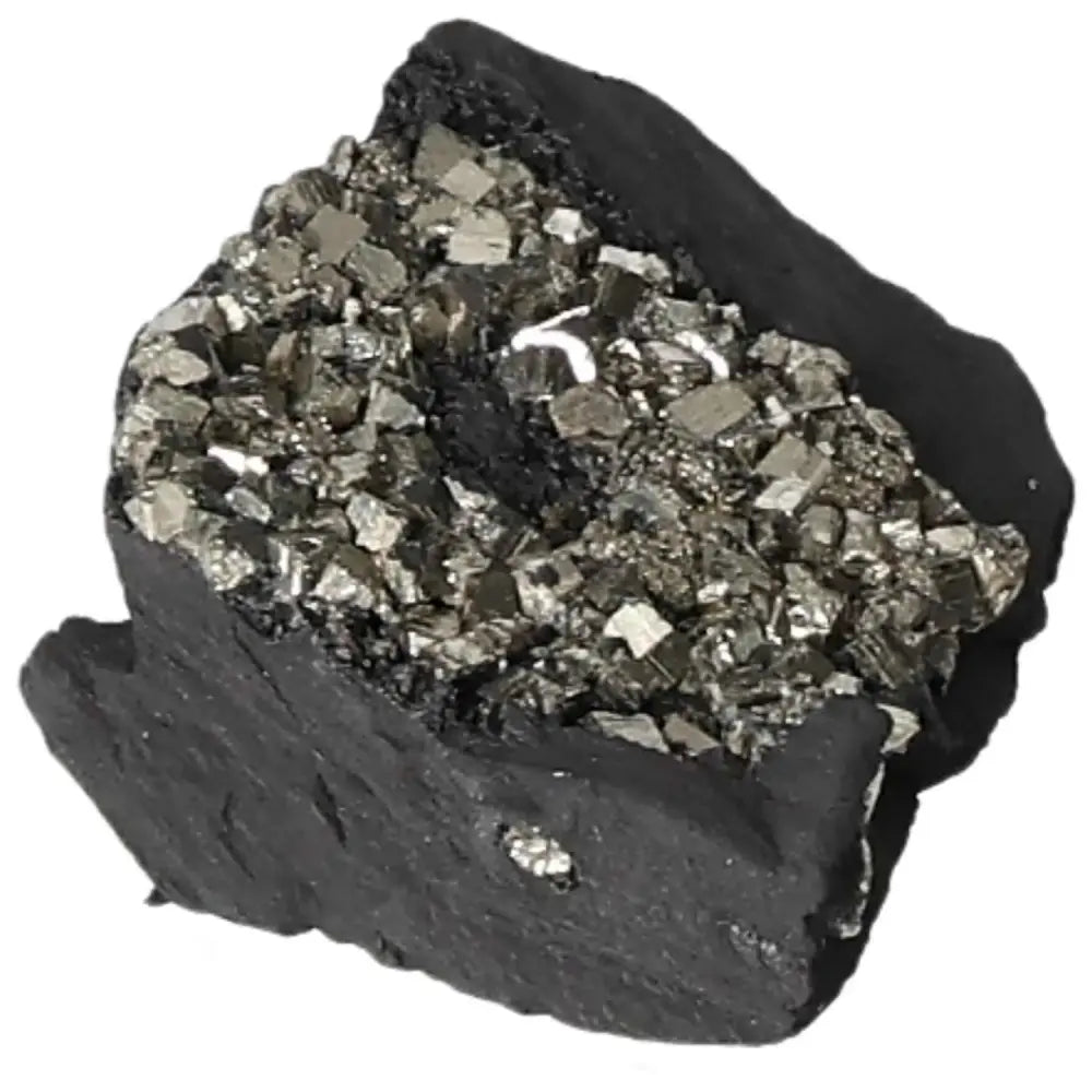 Close-up of Sylvia Crystals' Pyrite with Basalt showcasing sparkling pyrite atop dark basalt, symbolizing grounding and energy.