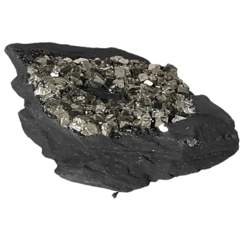 Pyrite and basalt crystal, showcasing Sylvia Crystals' premium energetic and grounding stone for creativity and courage.