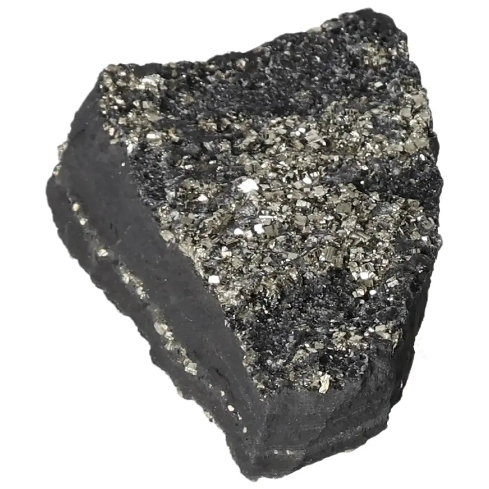 Pyrite with Basalt crystal, showcasing its sparkling texture and sophistication, by Sylvia Crystals. Enhance creativity and independence.