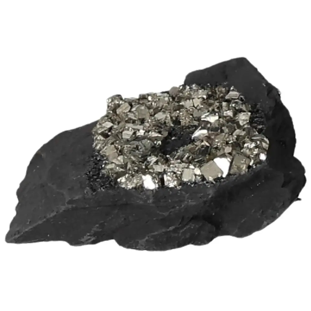 Pyrite With Basalt crystal stone, showcasing metallic shine and earthy texture, ideal for creativity and grounding, Sylvia Crystals product.