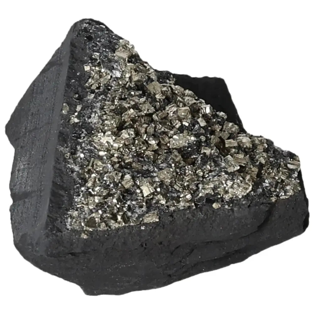 Pyrite on Basalt stone, Sylvia Crystals product known for creativity and grounding, showcasing shimmering metallic hues on a dark base.
