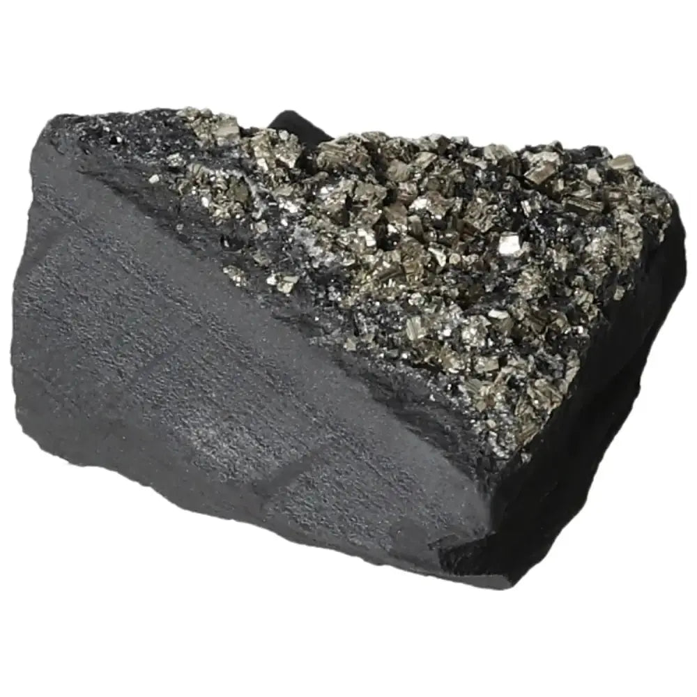 Pyrite with Basalt crystal cluster from Sylvia Crystals, showcasing golden flecks on a dark stone base, promoting creativity and balance.