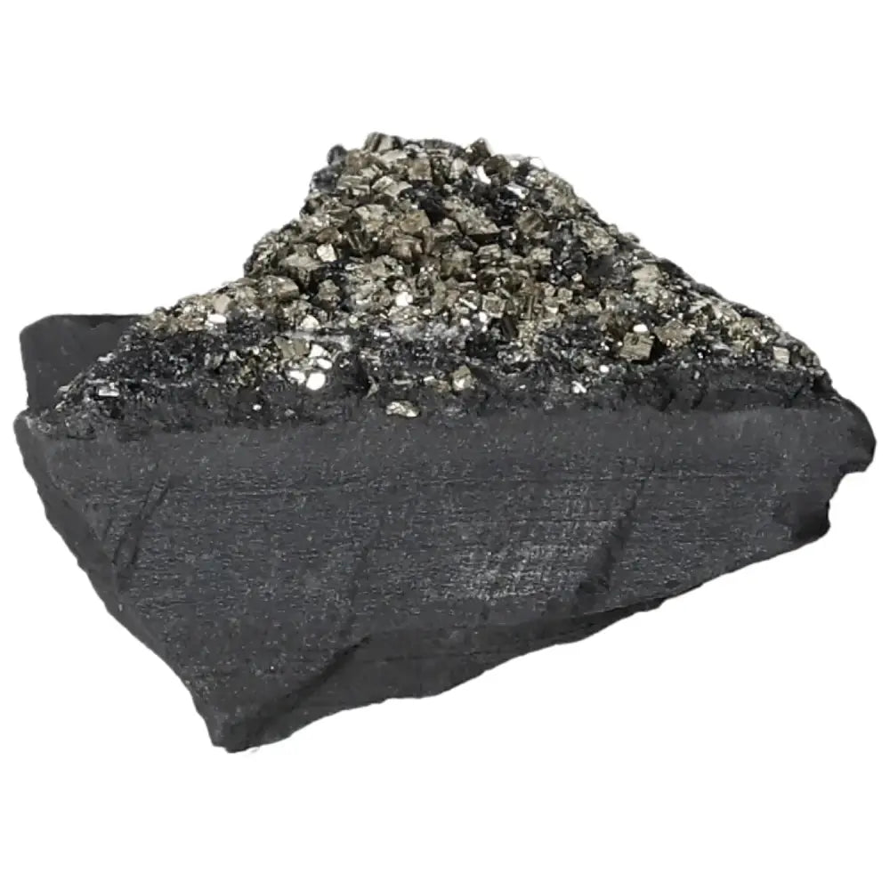 Pyrite with Basalt crystal from Sylvia Crystals, showcasing a blend for creativity and grounding properties.