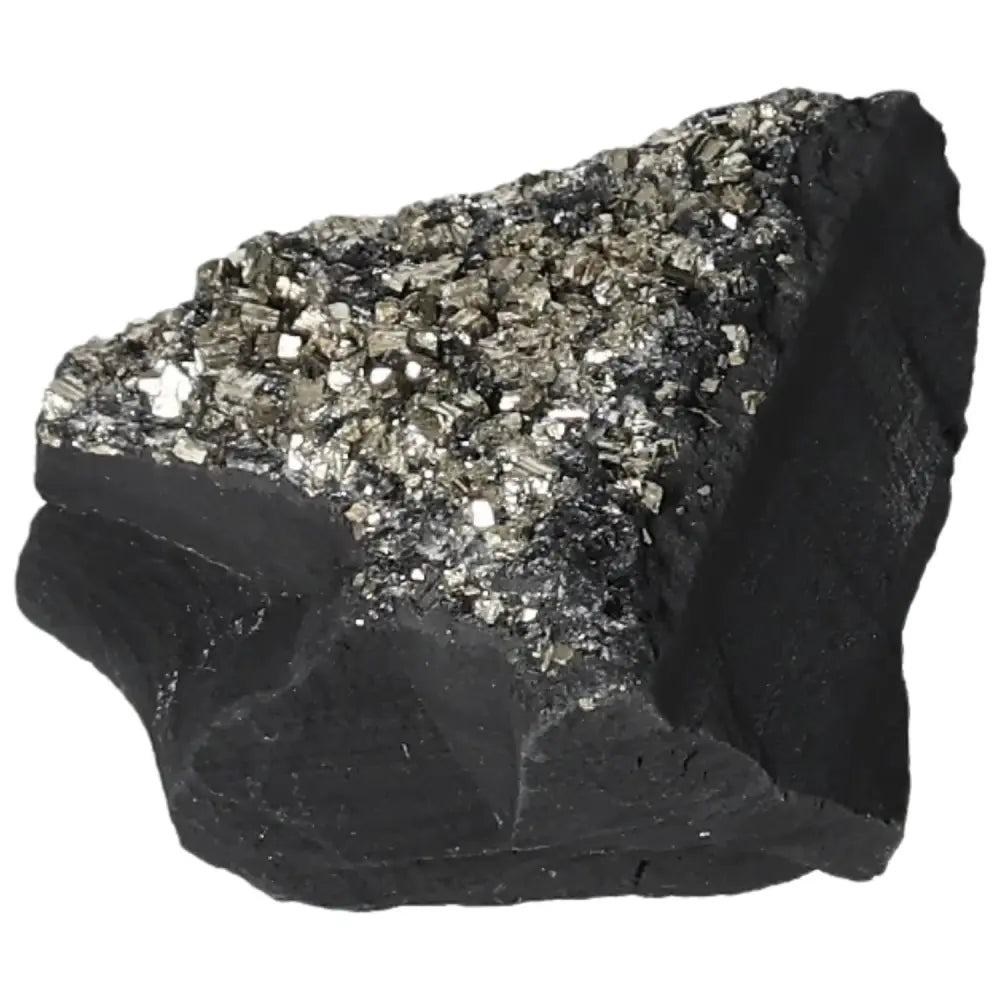 Pyrite with Basalt crystal, showcasing shimmering gold hues and dark stone, symbolizing creativity and grounding.