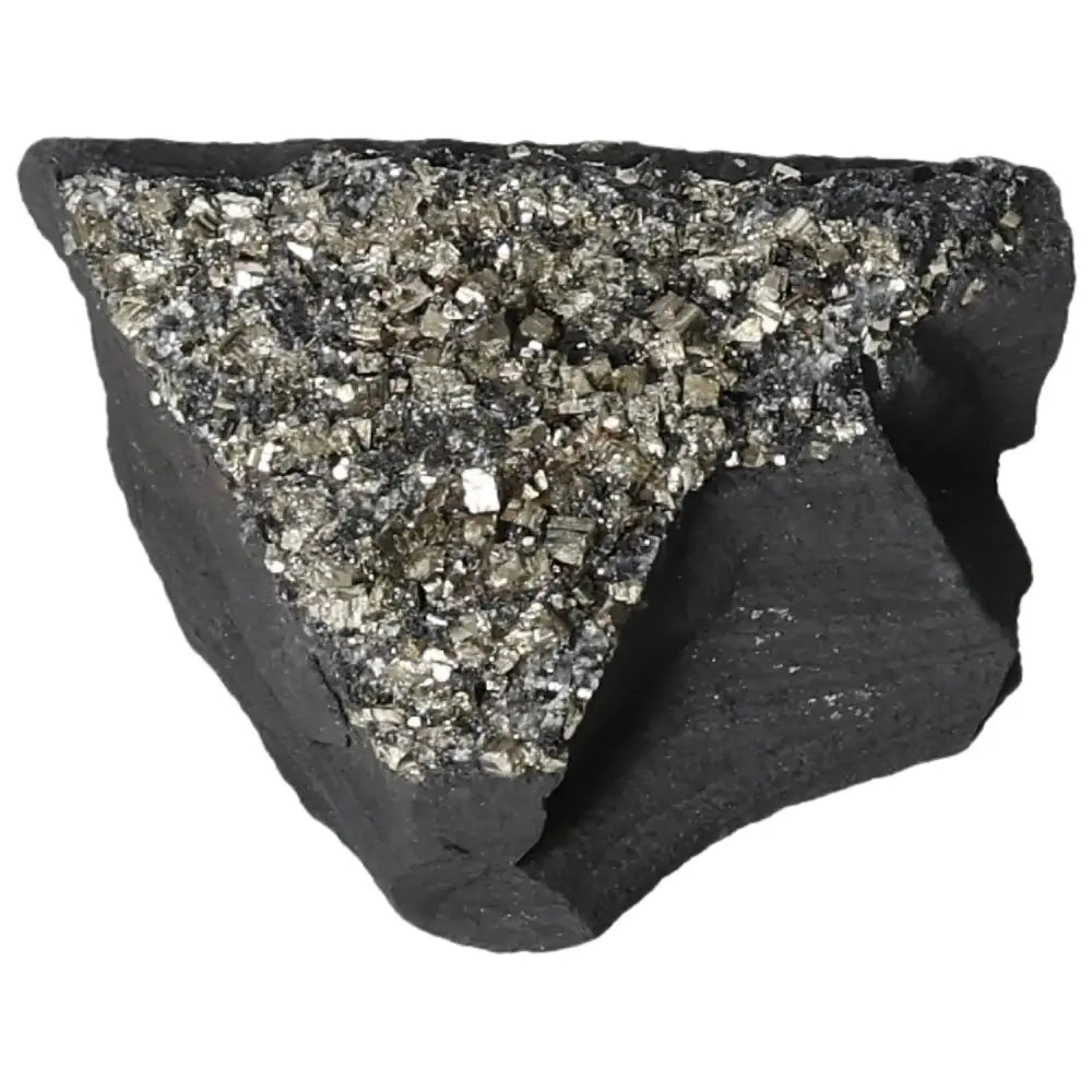 Pyrite with Basalt stone by Sylvia Crystals, showcasing gold flecks of Pyrite on dark Basalt, representing creativity and grounding.