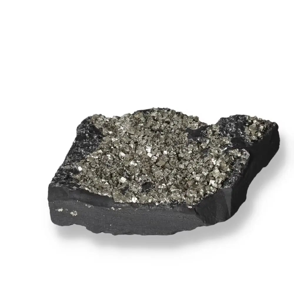 Close-up of Pyrite with Basalt crystal from Sylvia Crystals, showcasing its shimmering texture and grounding properties.