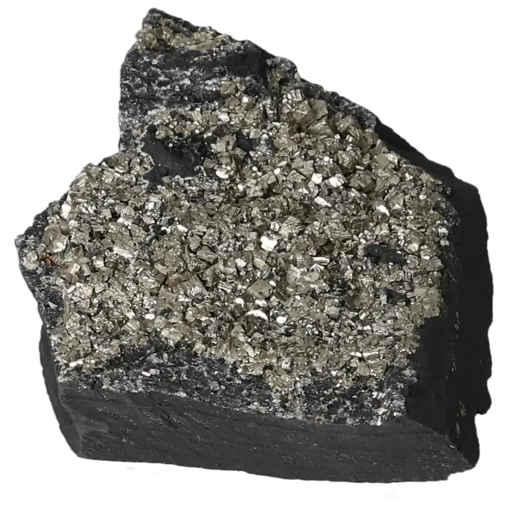 Close-up of shimmering Pyrite with Basalt stone, highlighting the fusion of metallic luster and dark textured mineral.