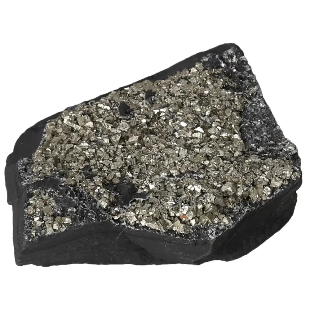 Pyrite With Basalt stone, shimmering and grounding, from Sylvia Crystals, promoting spiritual growth and personal independence.