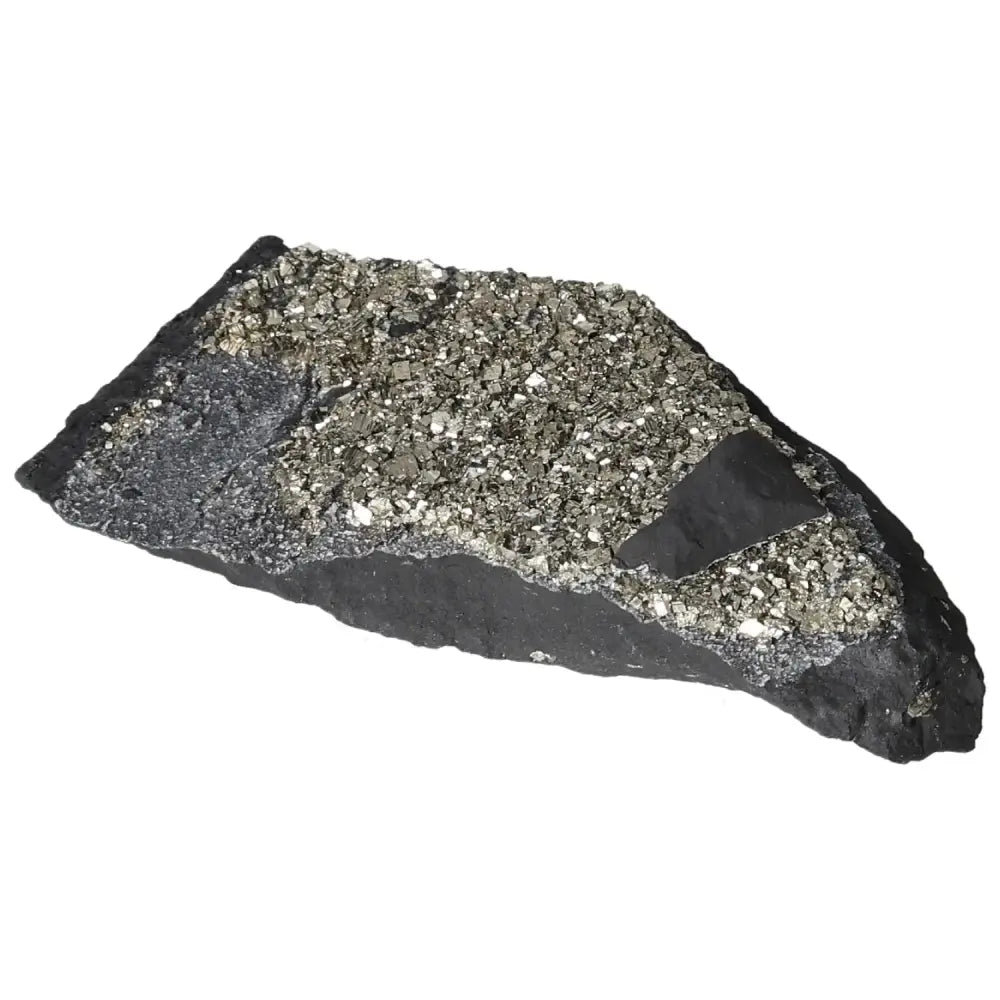 Pyrite with Basalt - a polished piece from Sylvia Crystals, known for enhancing creativity and promoting independence.