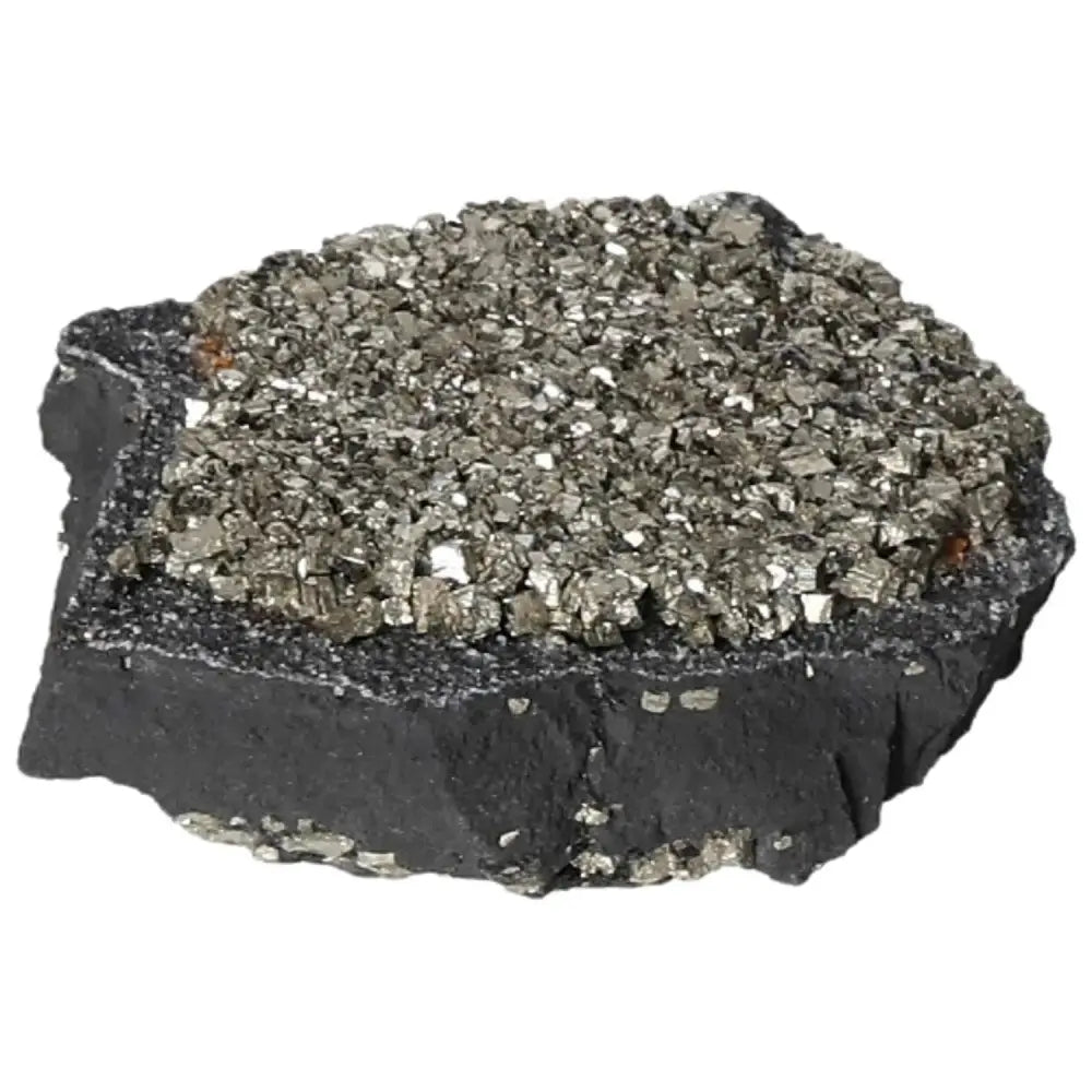 Premium Pyrite With Basalt stone from Sylvia Crystals, showcasing its unique texture and shimmering metallic surface.