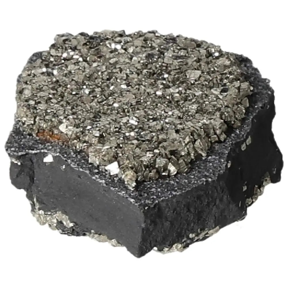 Close-up of a Pyrite with Basalt stone, showcasing sparkling metallic crystals on dark rock, ideal for decor and personal transformation.