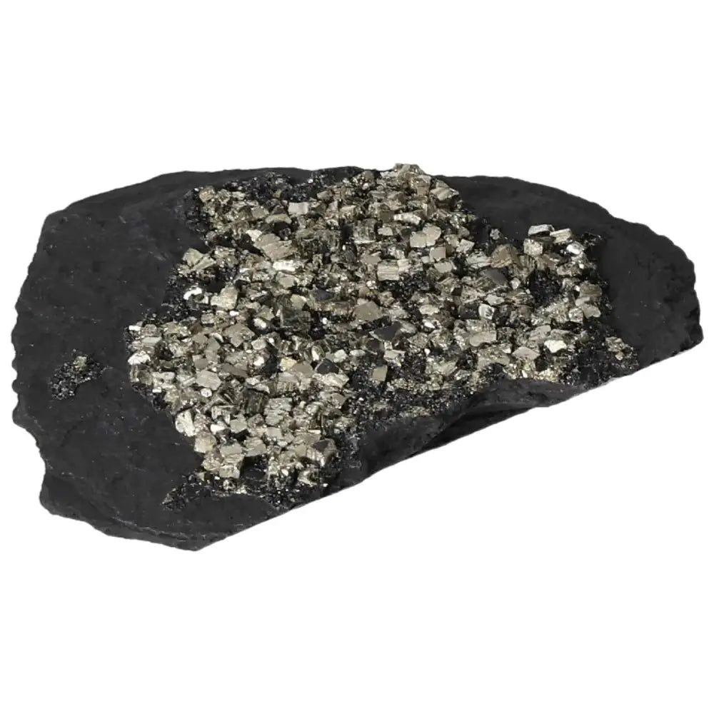 Pyrite with Basalt crystal from Sylvia Crystals, symbolizing courage and success, ideal for creativity and action.