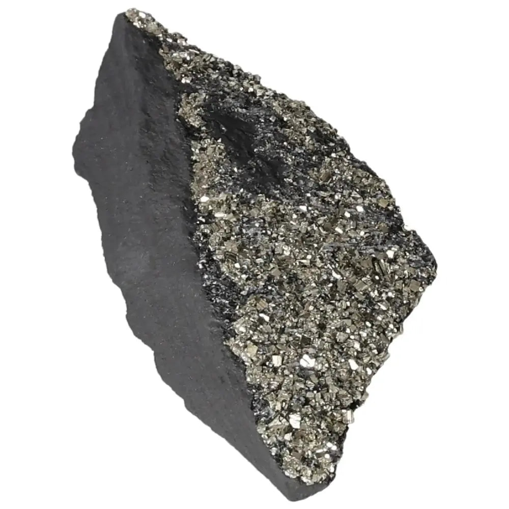 Textured pyrite fused with basalt stone from Sylvia Crystals, showcasing natural sparkling and grounding properties.
