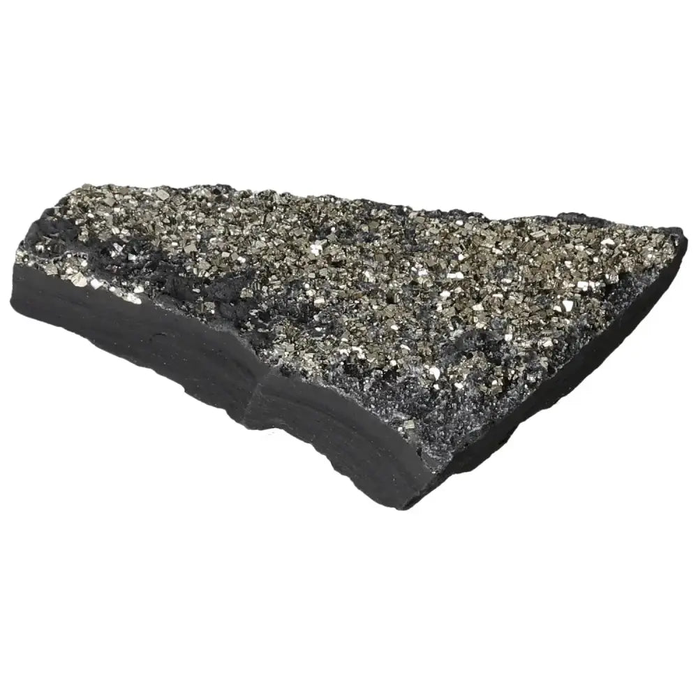 Close-up of Sylvia Crystals Pyrite with Basalt, showcasing its sparkling surface, blending creativity with grounding energy.