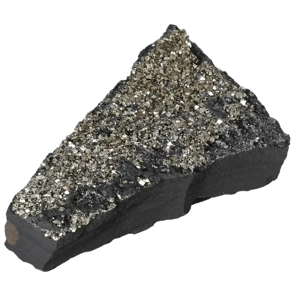 Glittering Pyrite With Basalt stone, fostering creativity and grounding energy, available at Sylvia Crystals. Enhance independence.