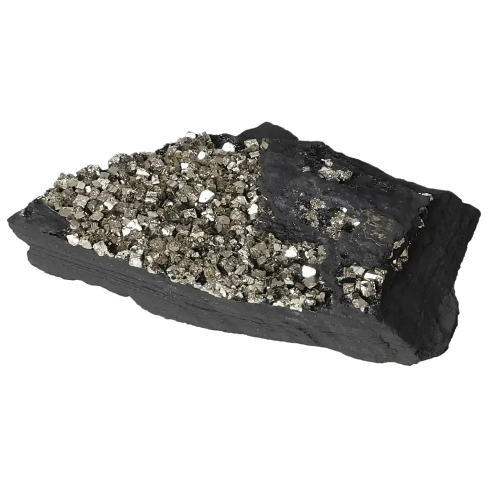 Pyrite With Basalt crystal from Sylvia Crystals, showcasing shimmering pyrite on dark basalt for spiritual growth and empowerment.