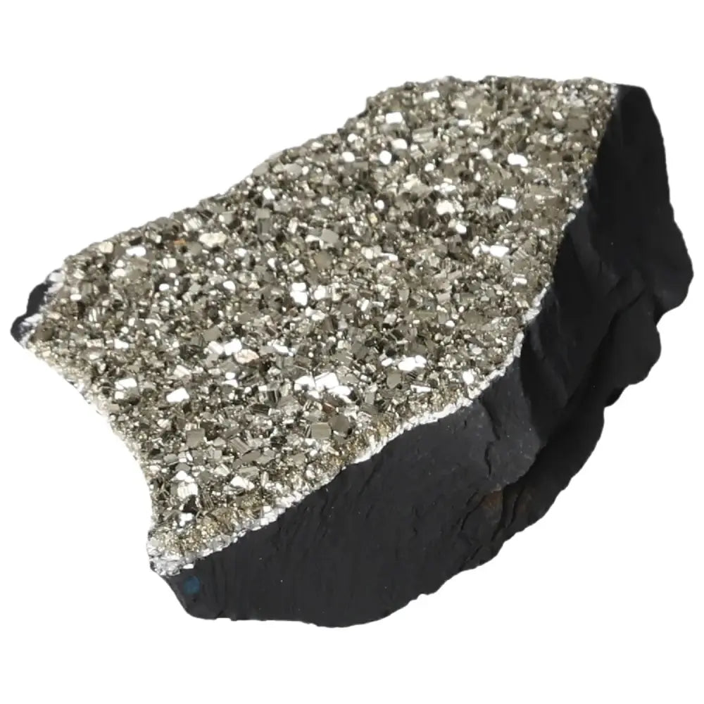 Pyrite with basalt stone from Sylvia Crystals, showcasing sparkling texture and elegant design for resilience and personal growth symbolism.