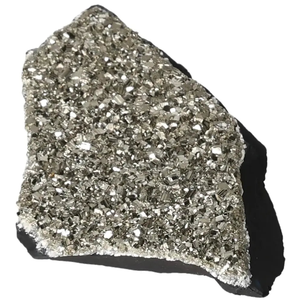 Close-up of a sparkling Pyrite with Basalt crystal, highlighting its metallic luster and rough texture from Sylvia Crystals.