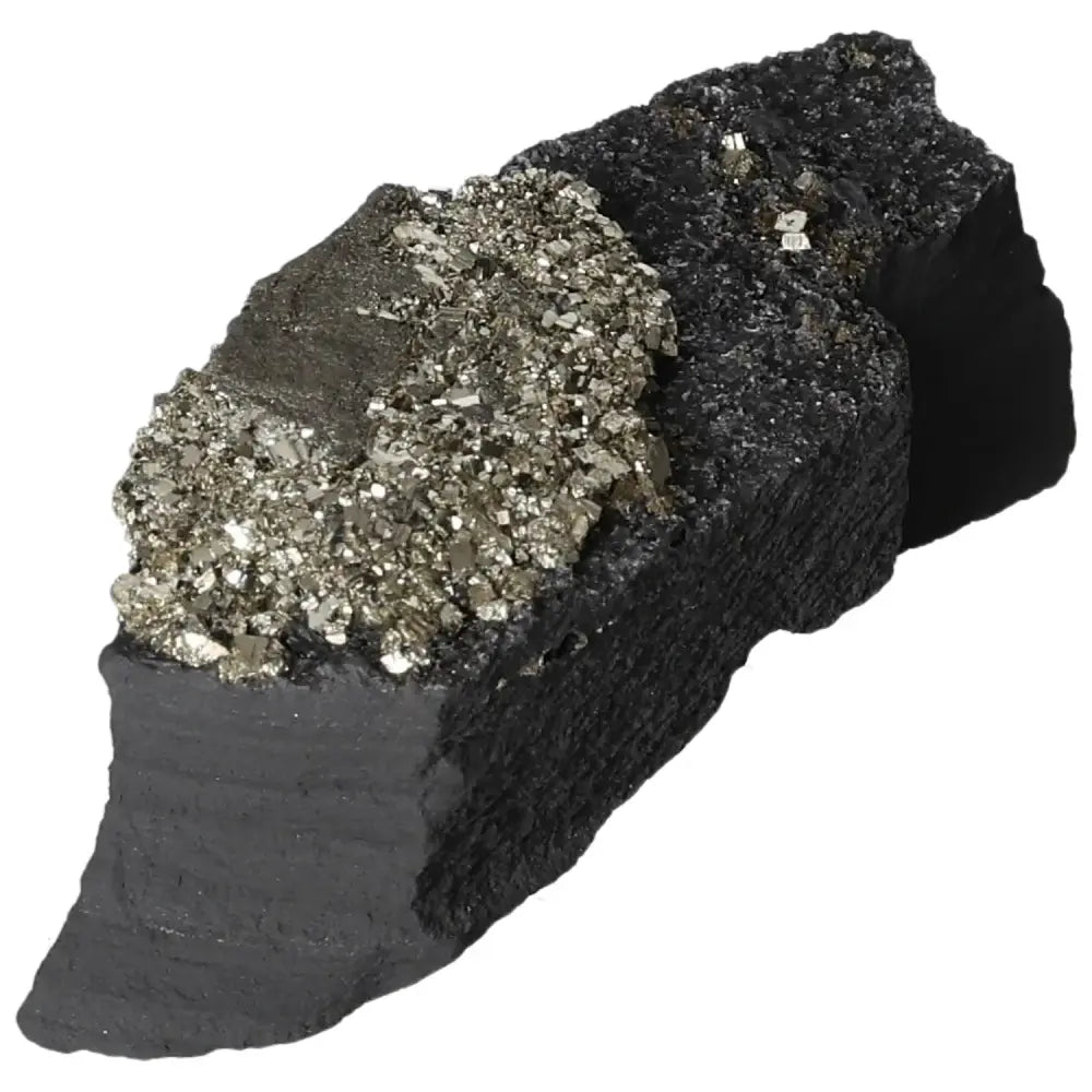 Close-up of Pyrite with Basalt crystal, showcasing sparkling gold hues of Pyrite against dark Basalt, symbolizing energy and stability.