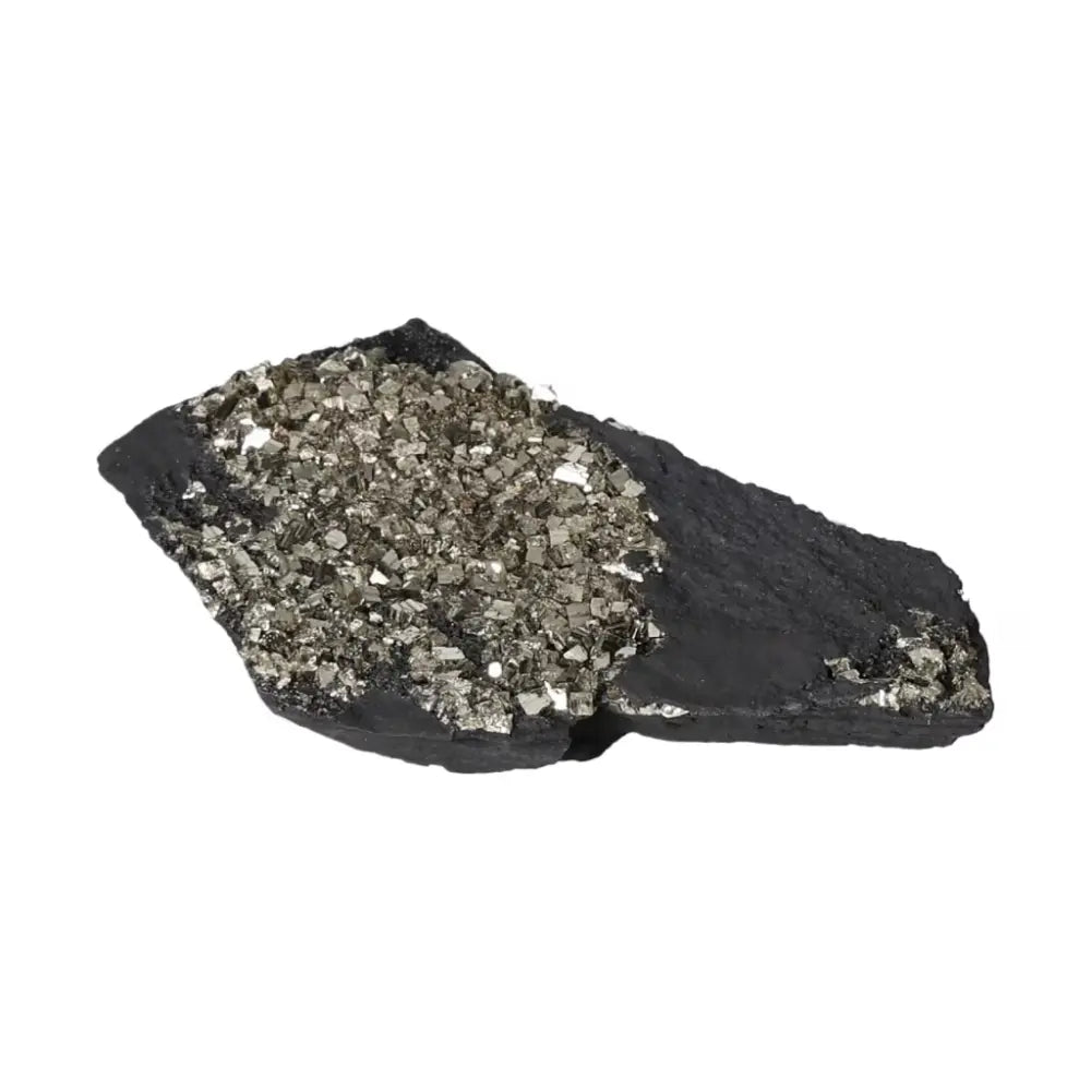 Pyrite with Basalt crystal from Sylvia Crystals, combining Pyrite's energy-boosting properties with Basalt's grounding nature for creativity.