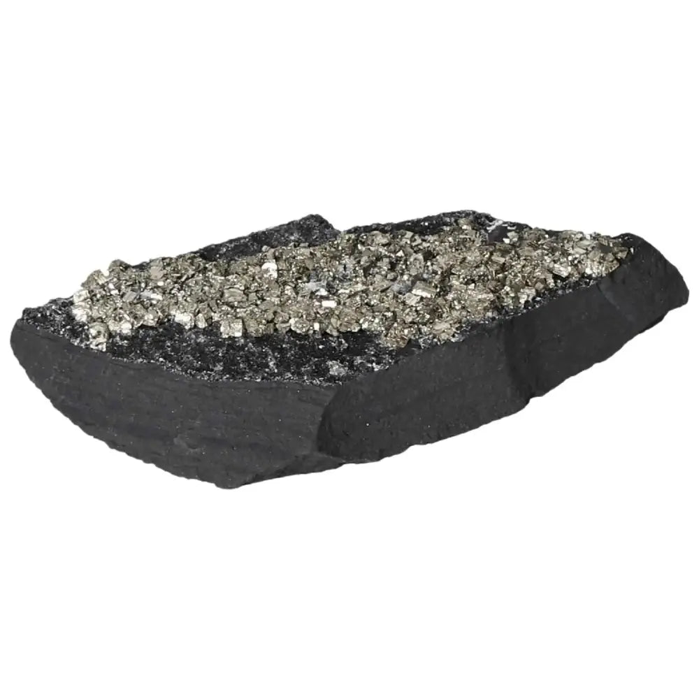Elegant artisan pyrite with basalt, crafted by Sylvia Crystals for spiritual elevation and personal transformation.