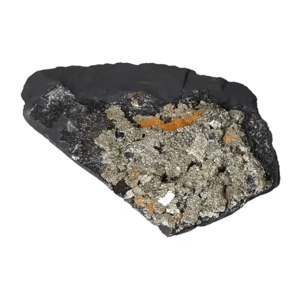 Close-up of Pyrite with Basalt crystal from Sylvia Crystals, showcasing sparkling pyrite with dark basalt backdrop.