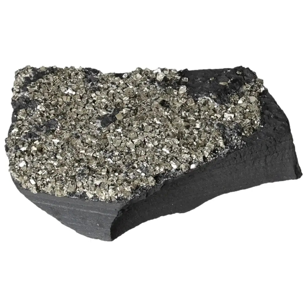 Pyrite with basalt stone showcasing glittering metallic surface and dark rock base, highlighting the unique combination of textures.