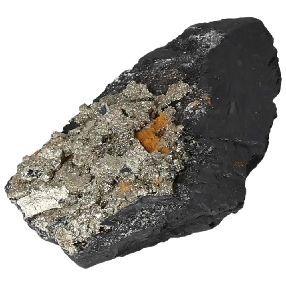 Pyrite with Basalt crystal from Sylvia Crystals showcasing metallic luster and grounding properties, known as 'Fool's Gold.'