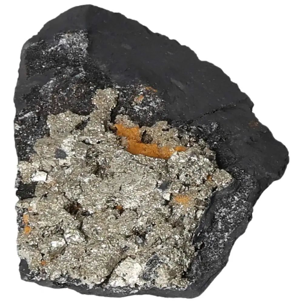 Sparkling pyrite on a piece of dark basalt, highlighting the natural beauty and unique properties of this Sylvia Crystals' collectible.
