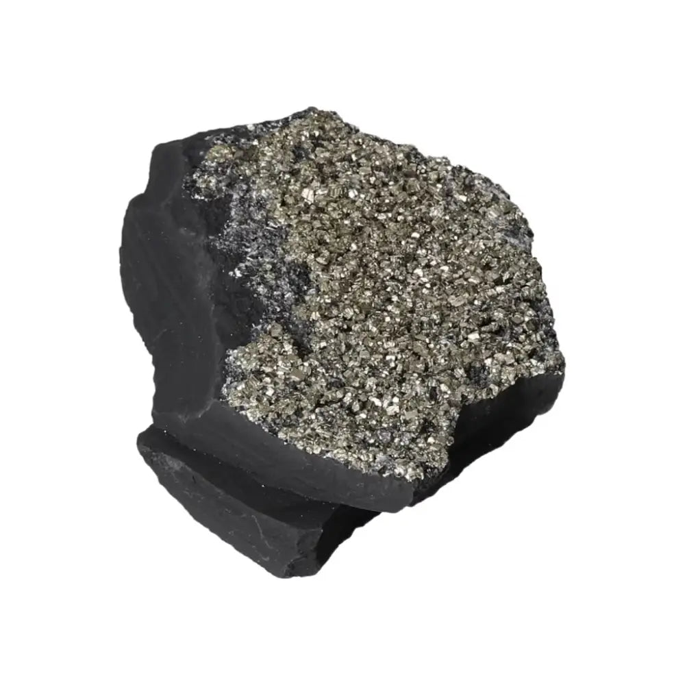 Pyrite With Basalt stone from Sylvia Crystals, showcasing a glittering gold pyrite surface over dark basalt, symbolizing empowerment.