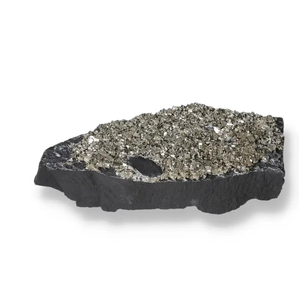 Close-up of Pyrite with Basalt Crystal, showcasing radiant gold hues on a textured black base, ideal for collectors and enthusiasts.