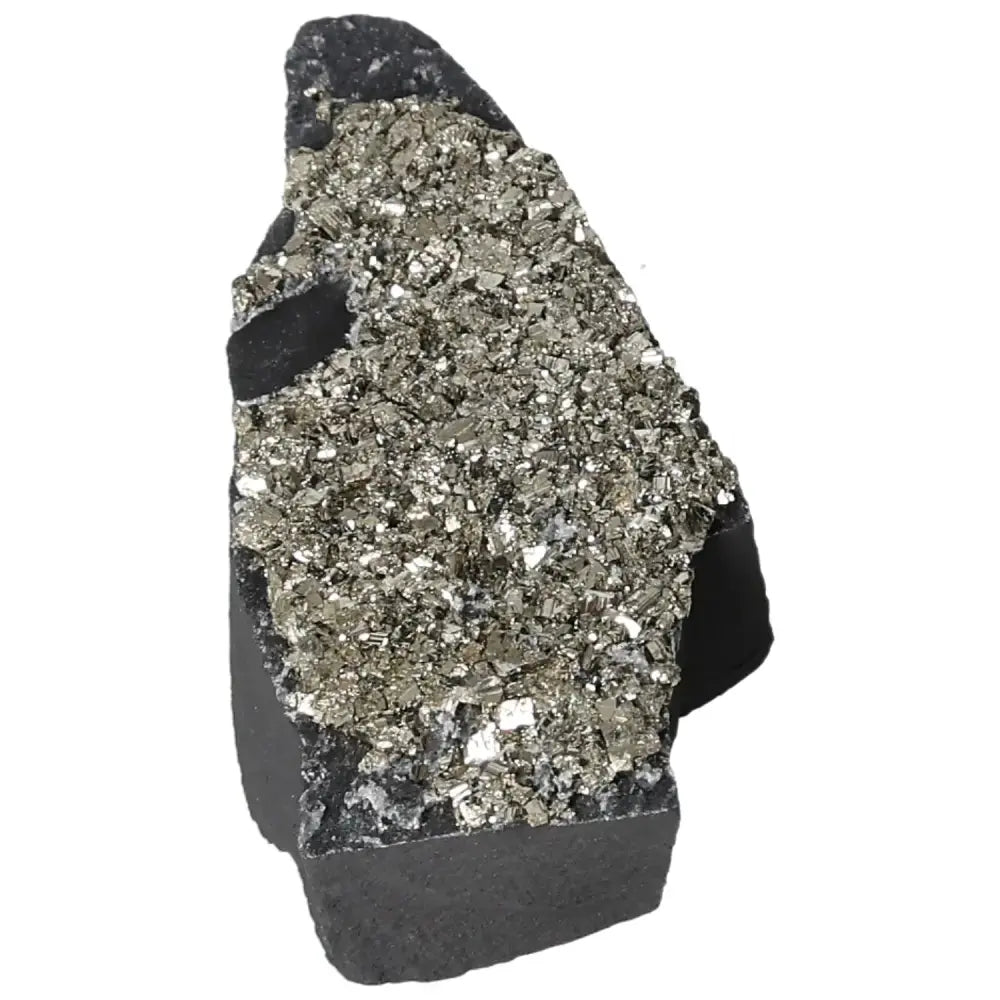 Pyrite with Basalt crystal showcasing sparkling gold hues and rough black texture, ideal for collectors and crystal enthusiasts.