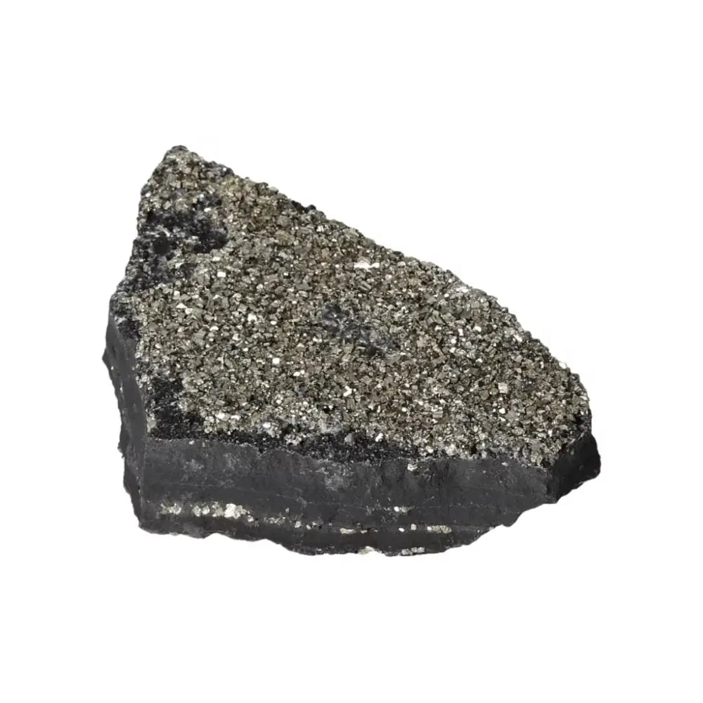 Close-up of Sylvia Crystals Pyrite With Basalt, a decorative mineral for transformation and empowerment, showcasing its textured surface.