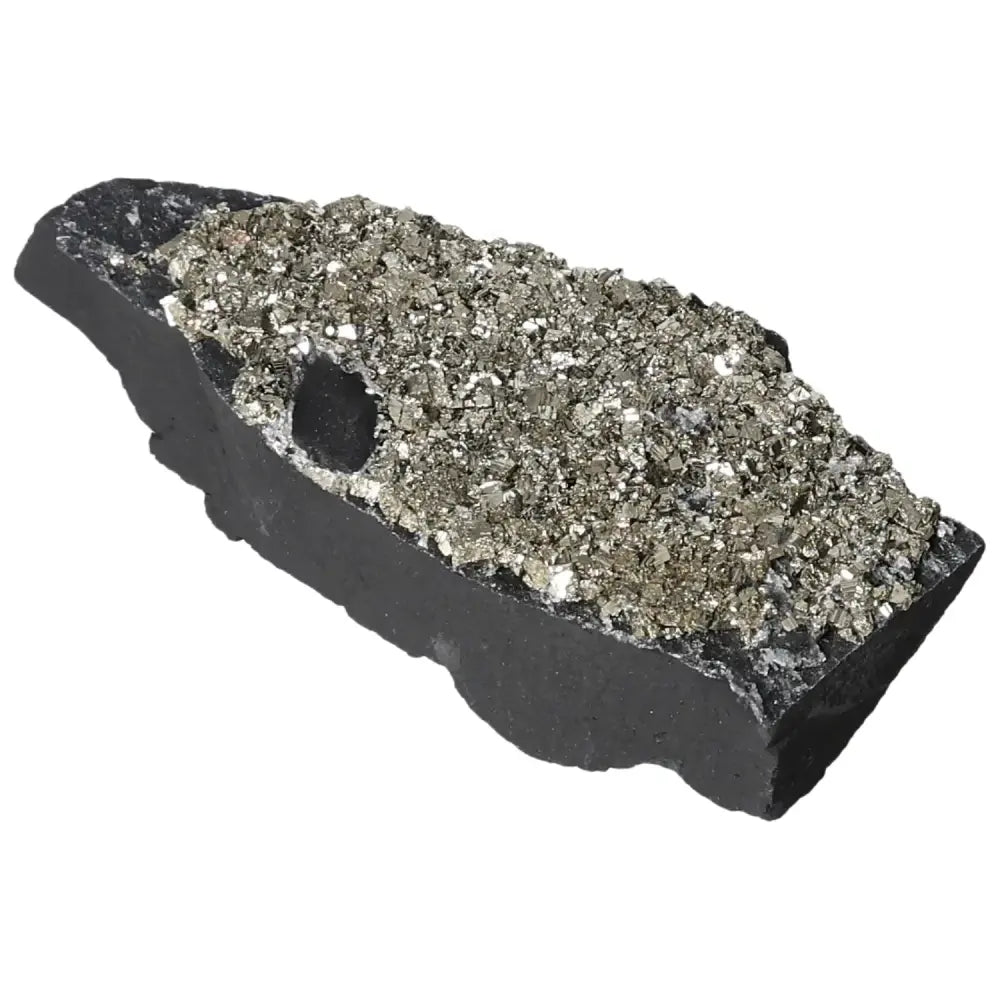 Pyrite With Basalt crystal showcasing gold-like pyrite atop a rugged black basalt base from Sylvia Crystals.