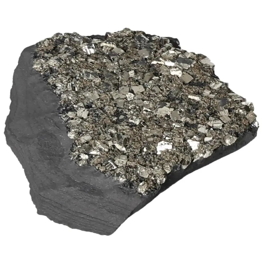 Pyrite with Basalt stone from Sylvia Crystals, showcasing the unique blend of metallic Pyrite and dark Basalt for enhanced empowerment.