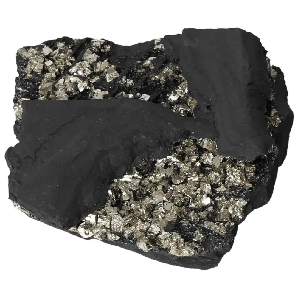 Close-up of Pyrite With Basalt gemstone by Sylvia Crystals, showcasing its unique texture and captivating metallic luster.